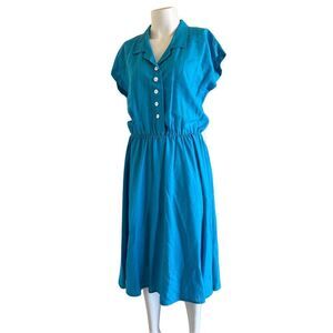 Women’s vintage dress M Caribbean blue short sleeve midi collared retro waitress